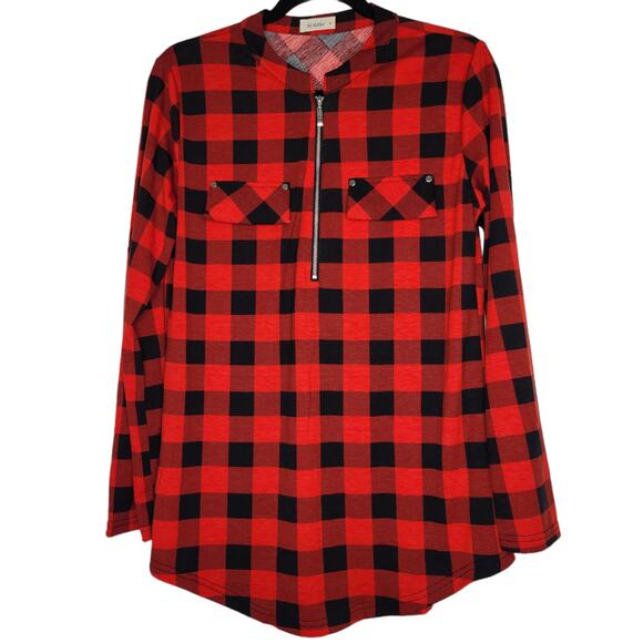 Siddhe Red Black Plaid Tunic 1/4 Zip V-Neck 3/4 Rolled Long Sleeve Top M - Picture 2 of 8